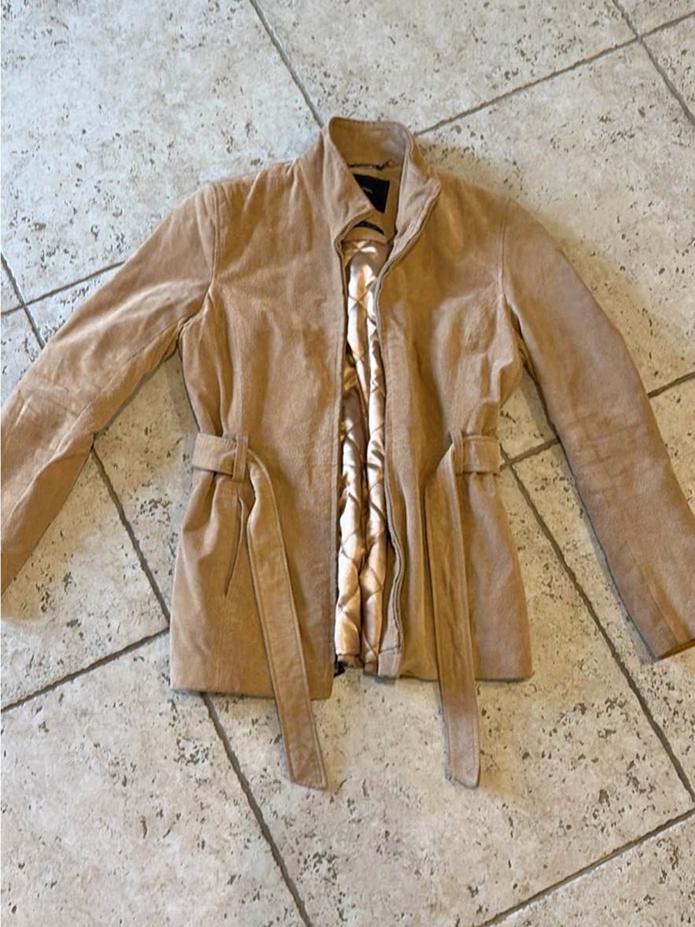 Isaac Mizrahi Camel Suede Belted Trench Coat